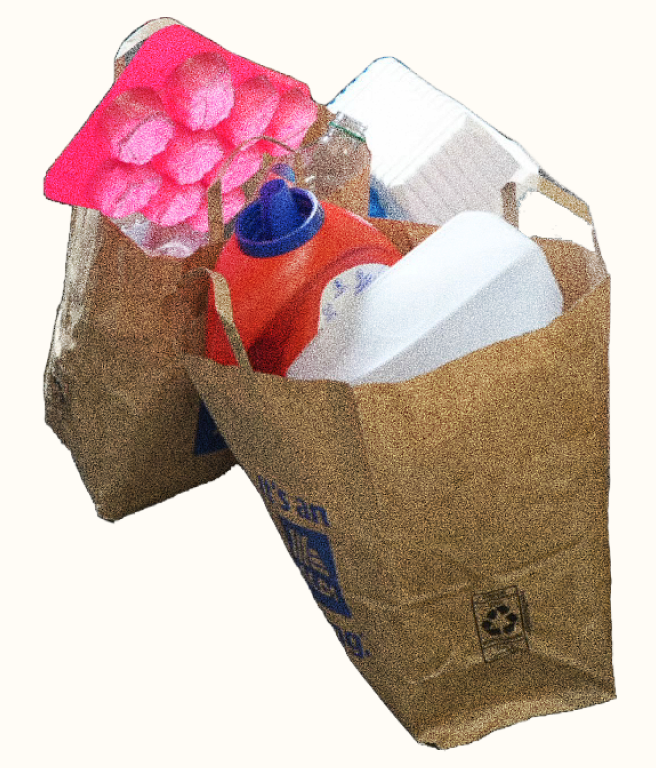 Sorted reclaimed plastics in a paper bag