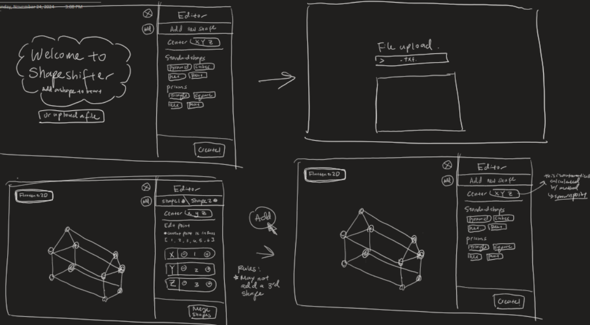 Storyboard sketches of the editor panels and their controls
